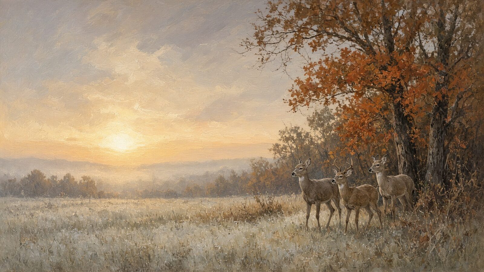 Painted November field edge where goldenrod and brush meet hardwood timber under a soft overcast sky