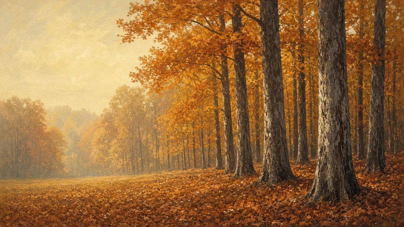 Painted autumn hardwoods with tall pale trunks rising over a carpet of orange leaves in soft golden haze