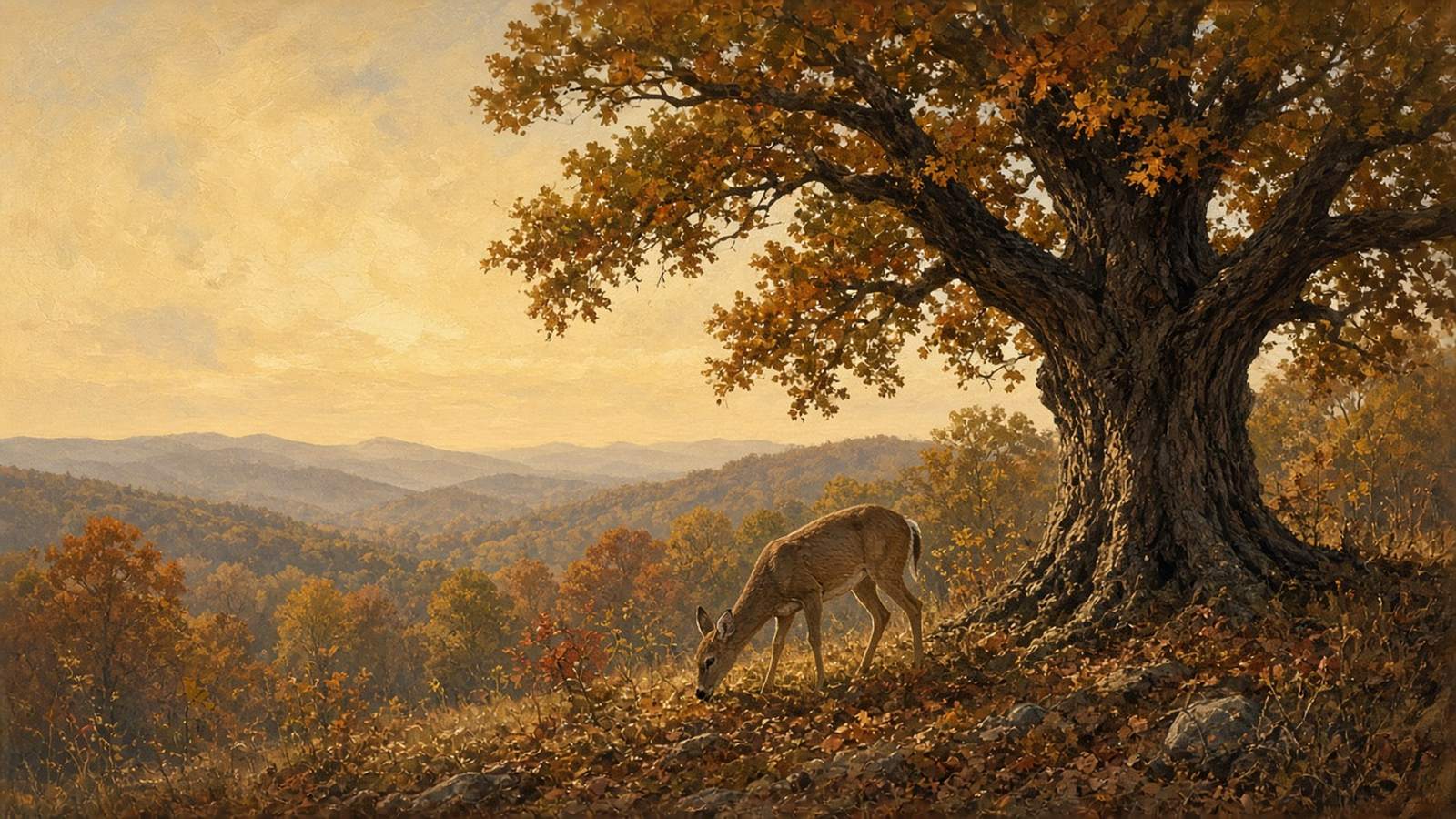 Painting of a doe browsing beneath a broad spreading oak on a ridge above blue rolling hills at golden hour