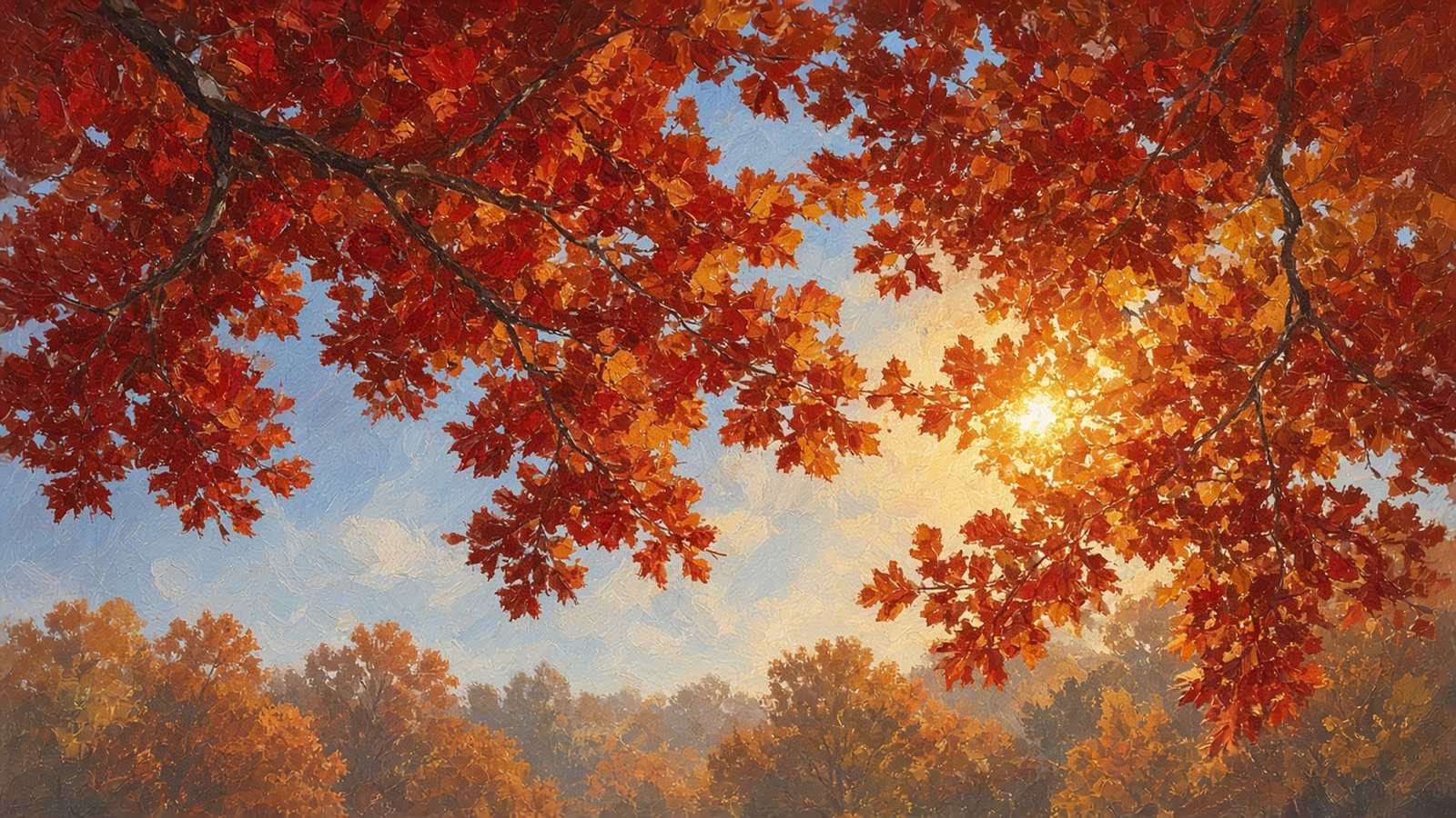 Painted view up into blazing red maple leaves with the sun bursting through and orange treetops below