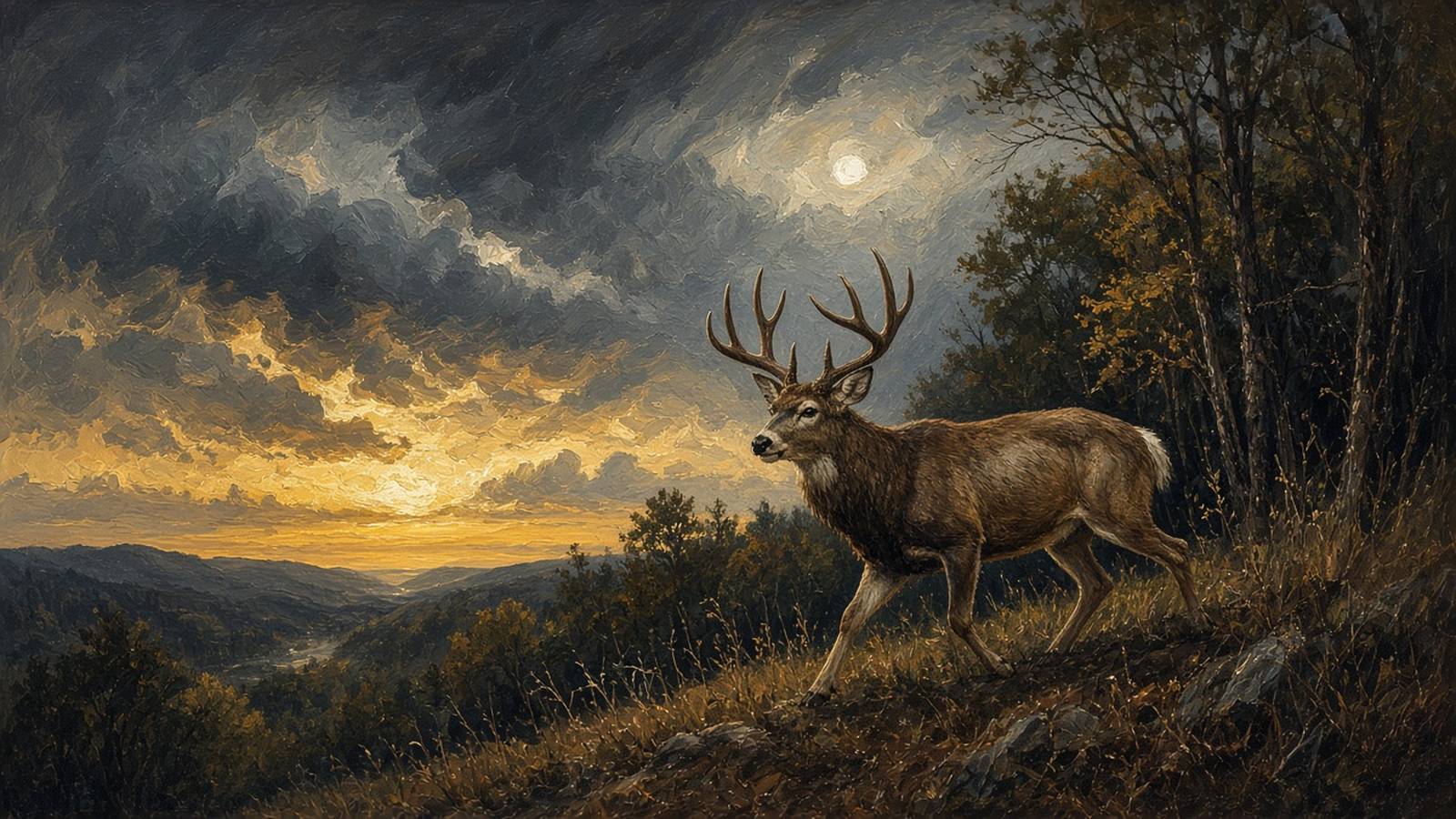 Painting of a whitetail buck moving as a cold front clears, with the moon up