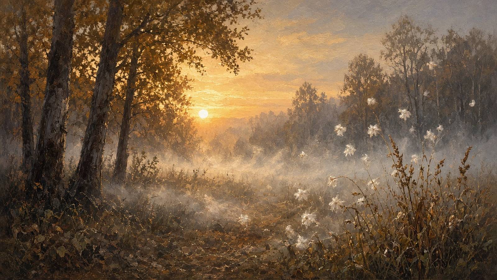 Painted misty field edge at sunrise with milkweed fluff drifting on the breeze past dark trunks