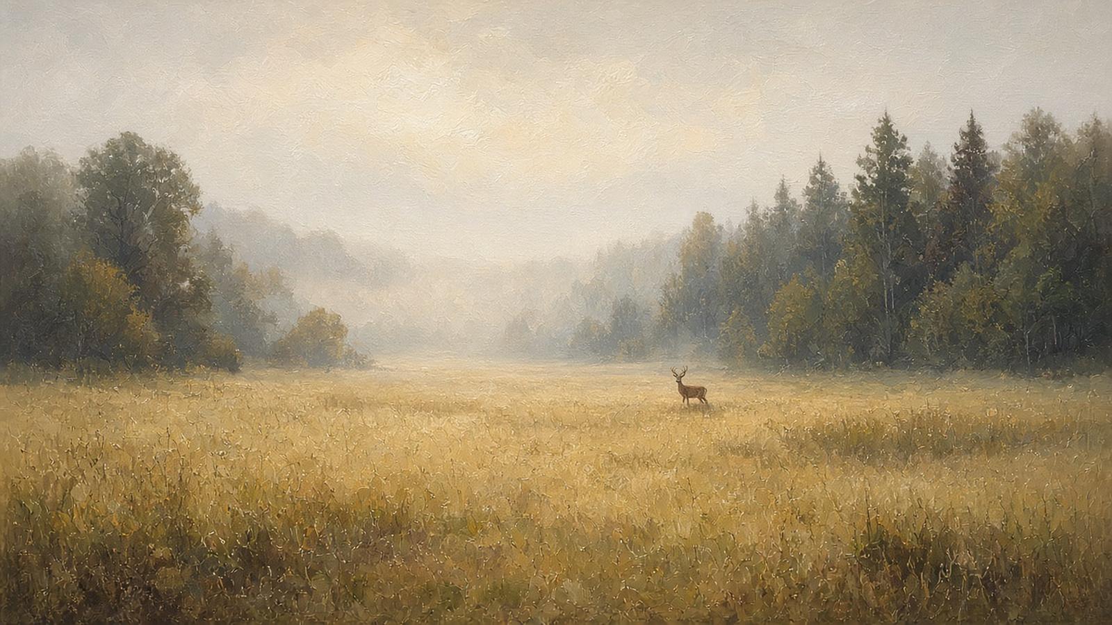 Painting of a distant whitetail buck in a hazy hayfield