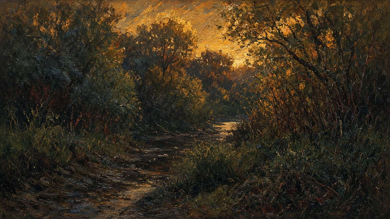 Painting of a brushy creek bottom at dusk