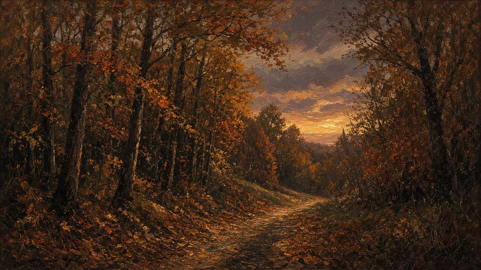 Painting of a leaf-covered trail leading into autumn woods at dusk