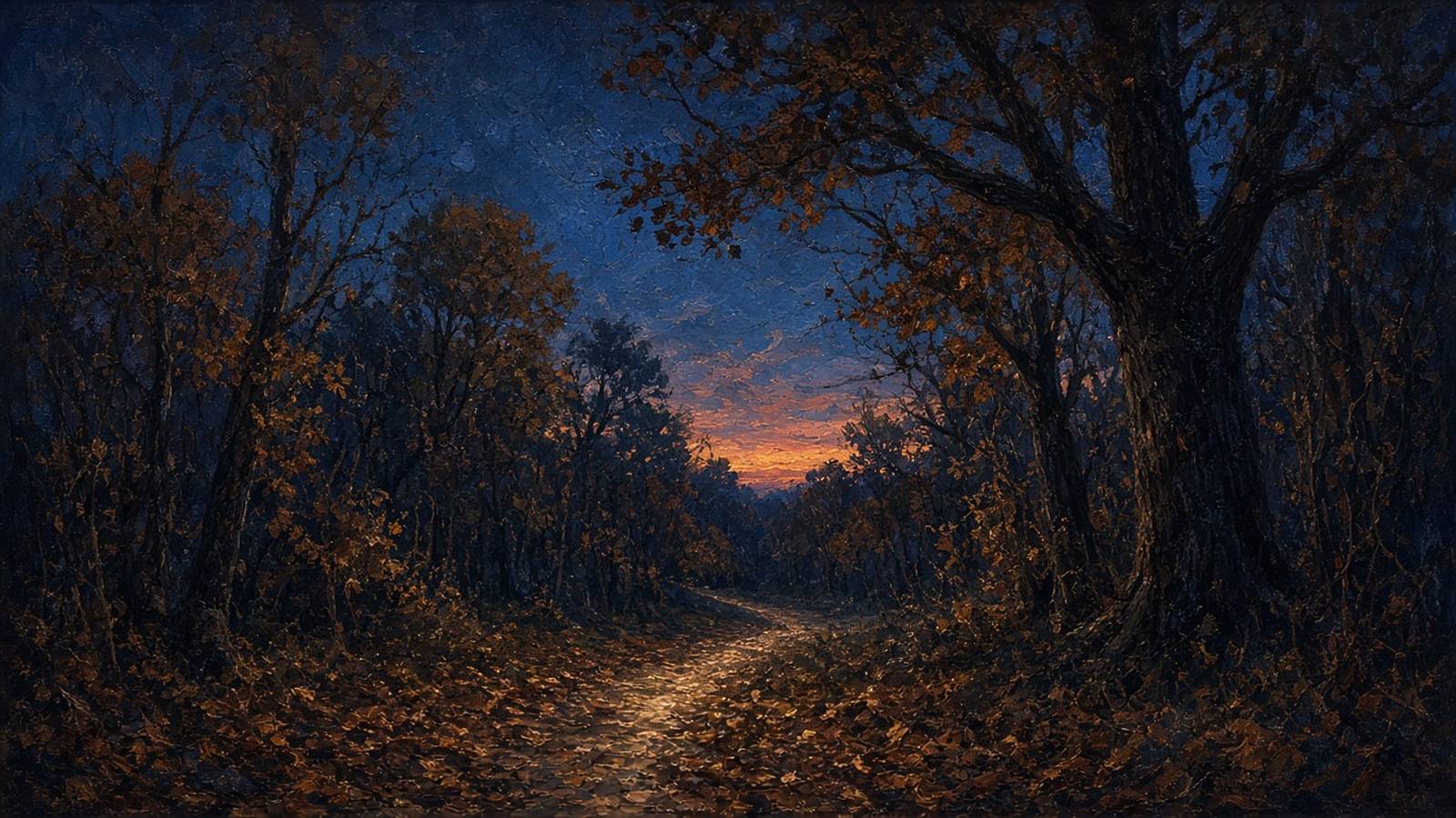 Painting of a woods path at twilight