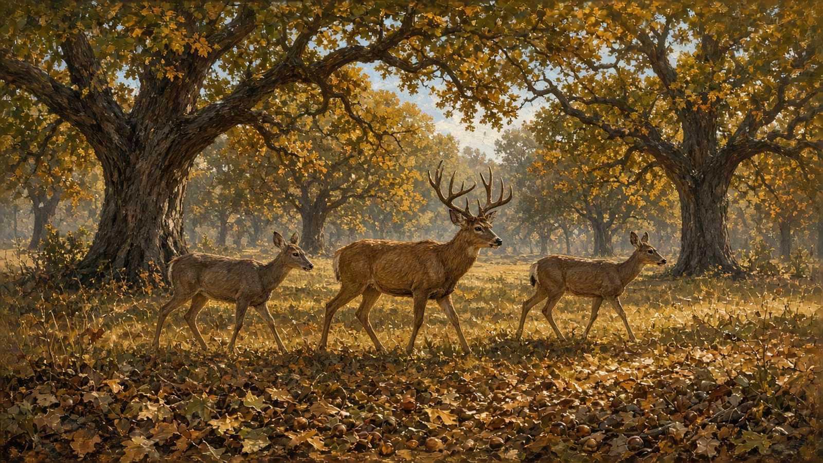 Painting of a whitetail buck and two does in an oak flat