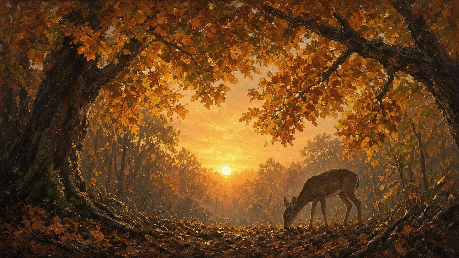 Painting of a whitetail doe under an oak canopy at sunrise
