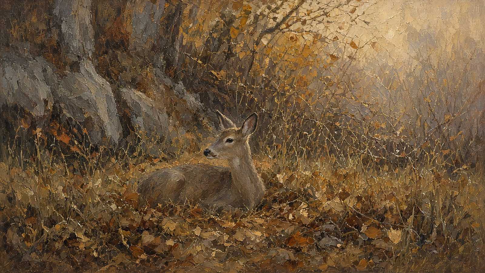 Painting of a whitetail doe bedded in brown leaves
