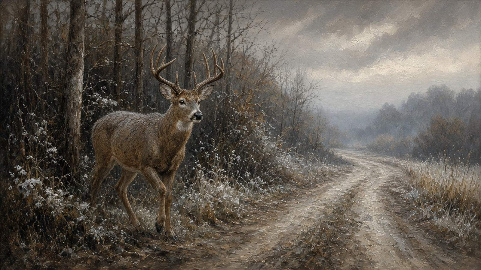 Painting of a whitetail buck stepping onto a frosty logging road