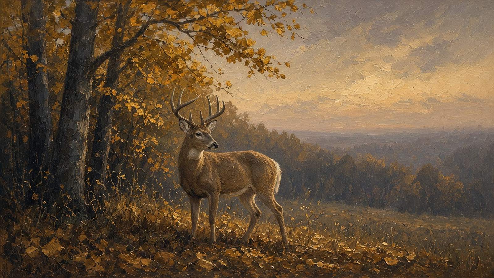 Painting of a whitetail buck at the edge of golden hardwoods