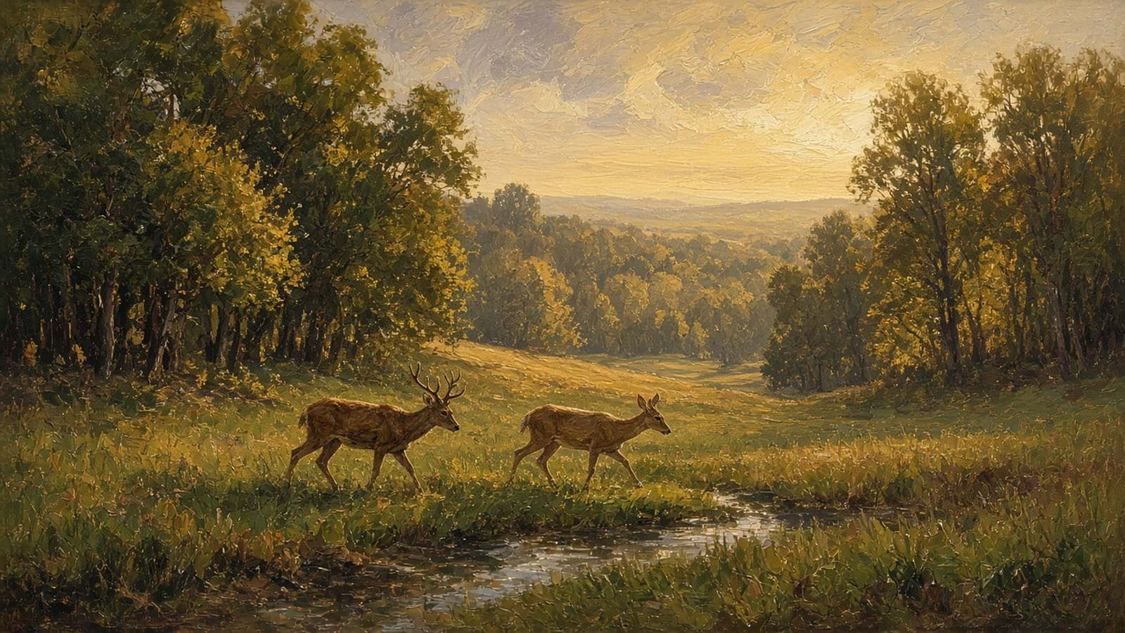 Painting of a whitetail buck and doe crossing a grassy draw