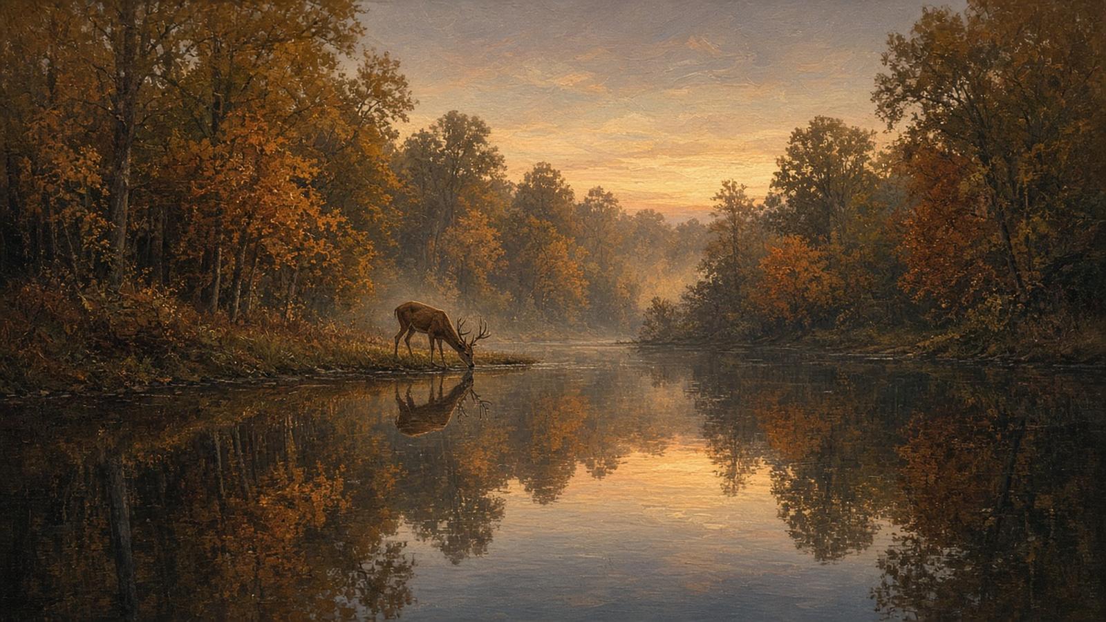 Painting of a whitetail buck drinking at a still pond