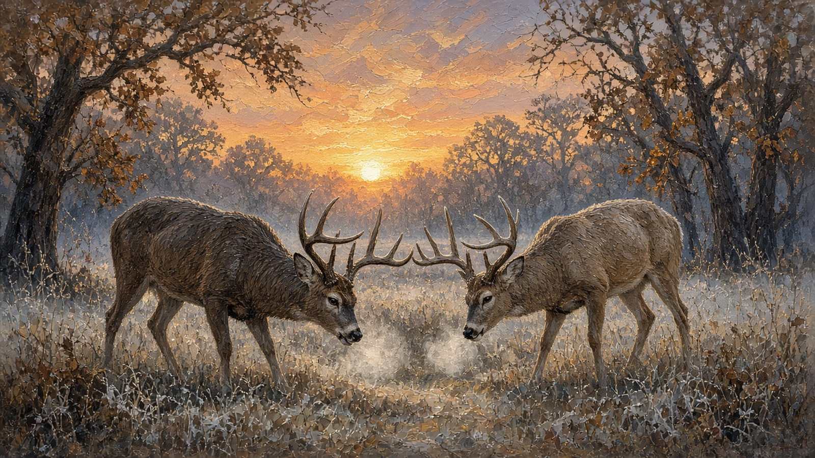 Painting of two whitetail bucks squaring off at a frosty sunrise