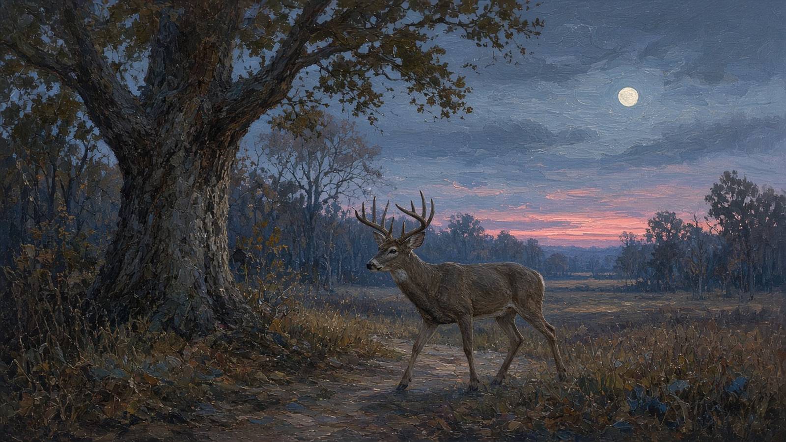 Painting of a whitetail buck walking past a huge old oak at blue hour, a low moon over a pink sky at the field edge