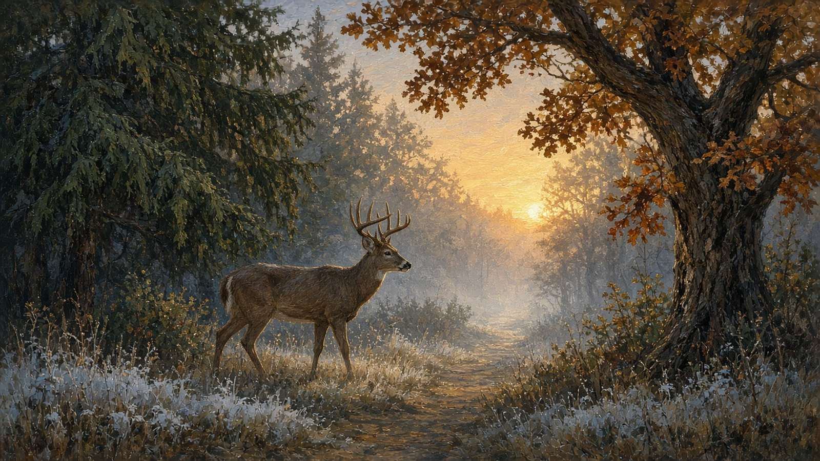 Painting of a whitetail buck on a frosty trail at dawn