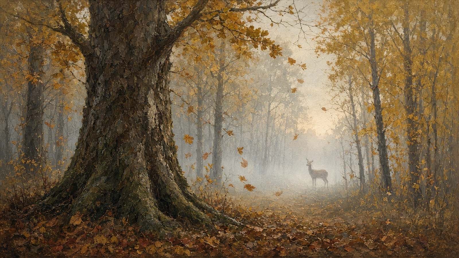 Painting of a big oak in misty fall woods with a doe in the distance