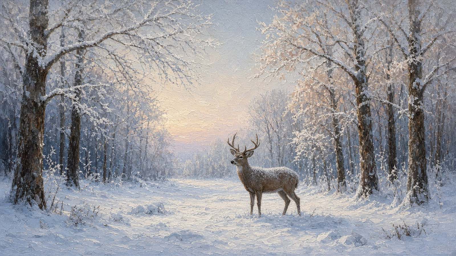 Painting of a whitetail buck in snowy woods at dawn