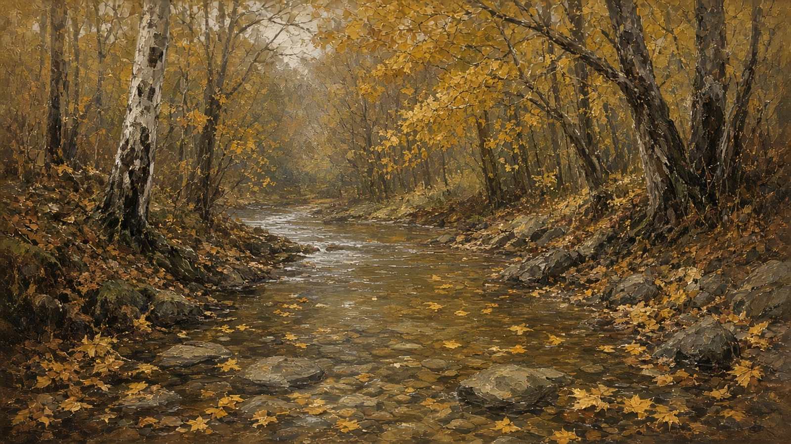 Painted shallow creek winding over leaf-strewn stones through a yellow autumn woods