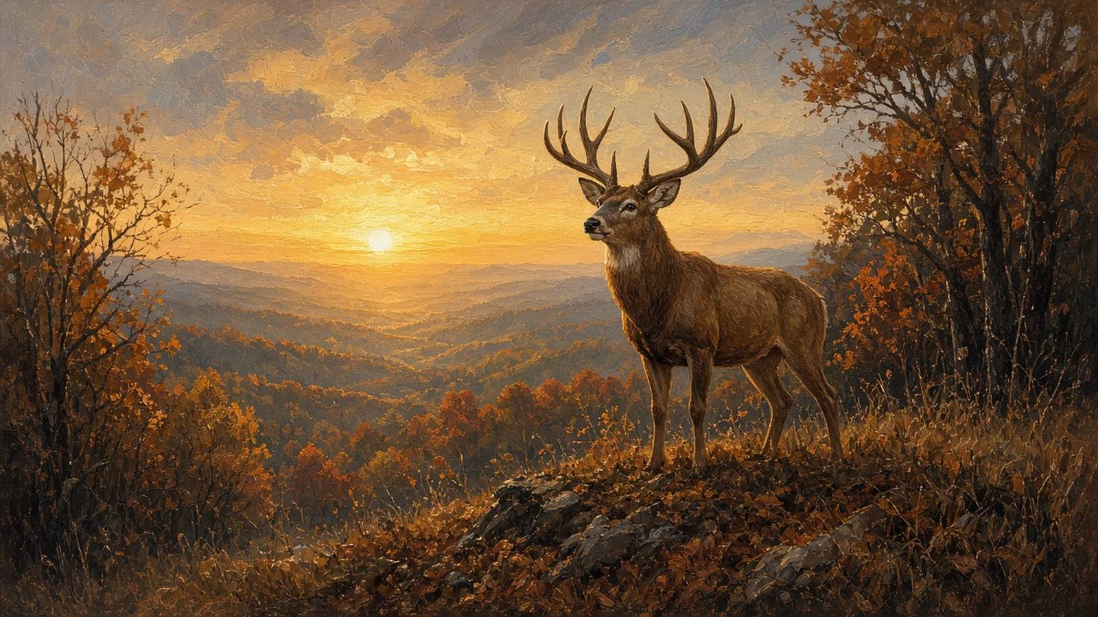 Painting of a whitetail buck on a hilltop at sunrise