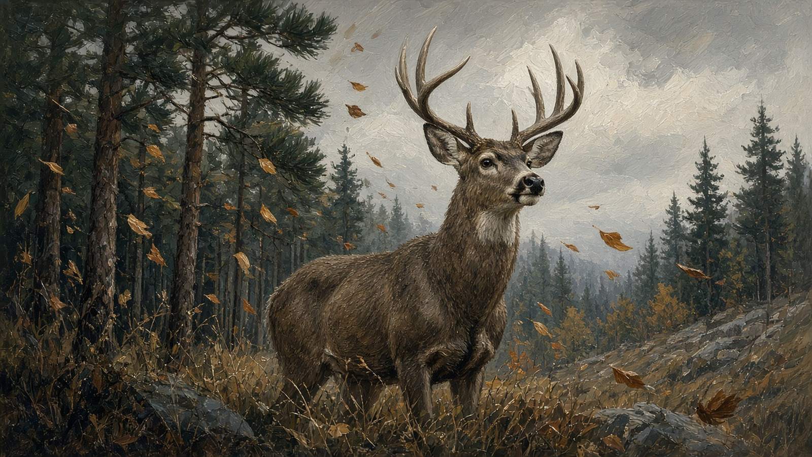 Painting of a wary whitetail buck in windy pines