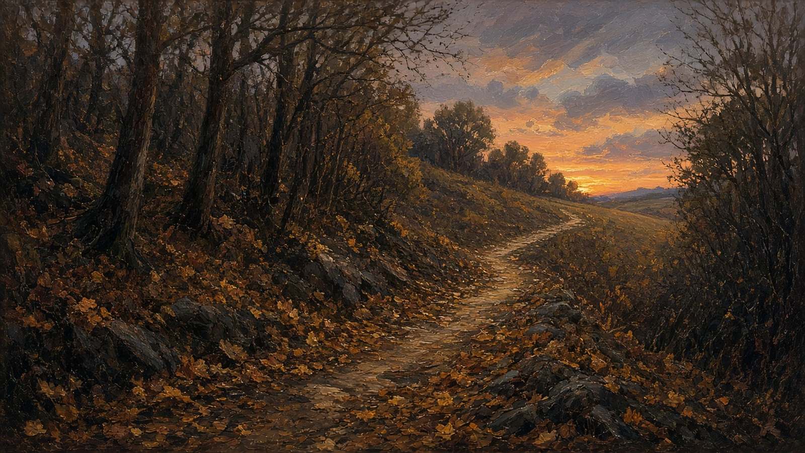 Painted dusky woods trail curving downhill through dark trees and fallen leaves toward an orange sky