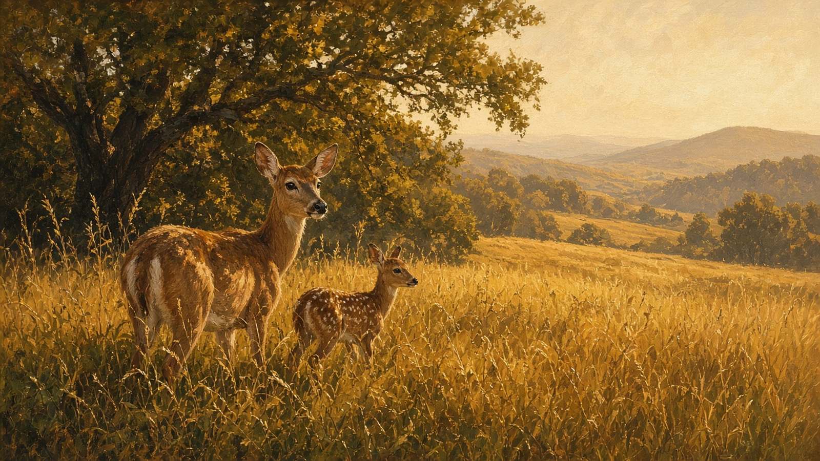 Painting of a whitetail doe and fawn in golden grass