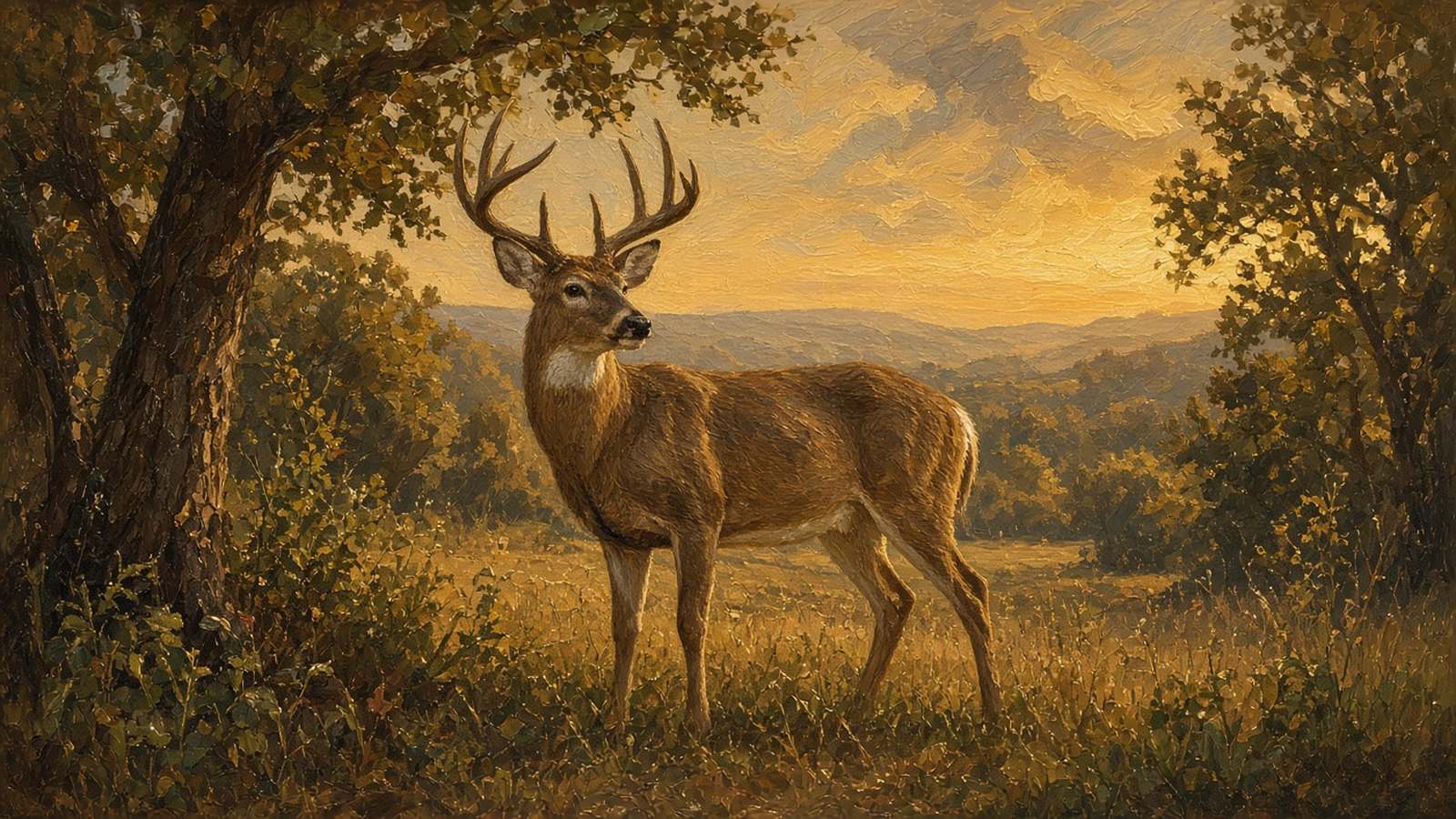 Painting of a broadside whitetail buck under oaks at golden hour