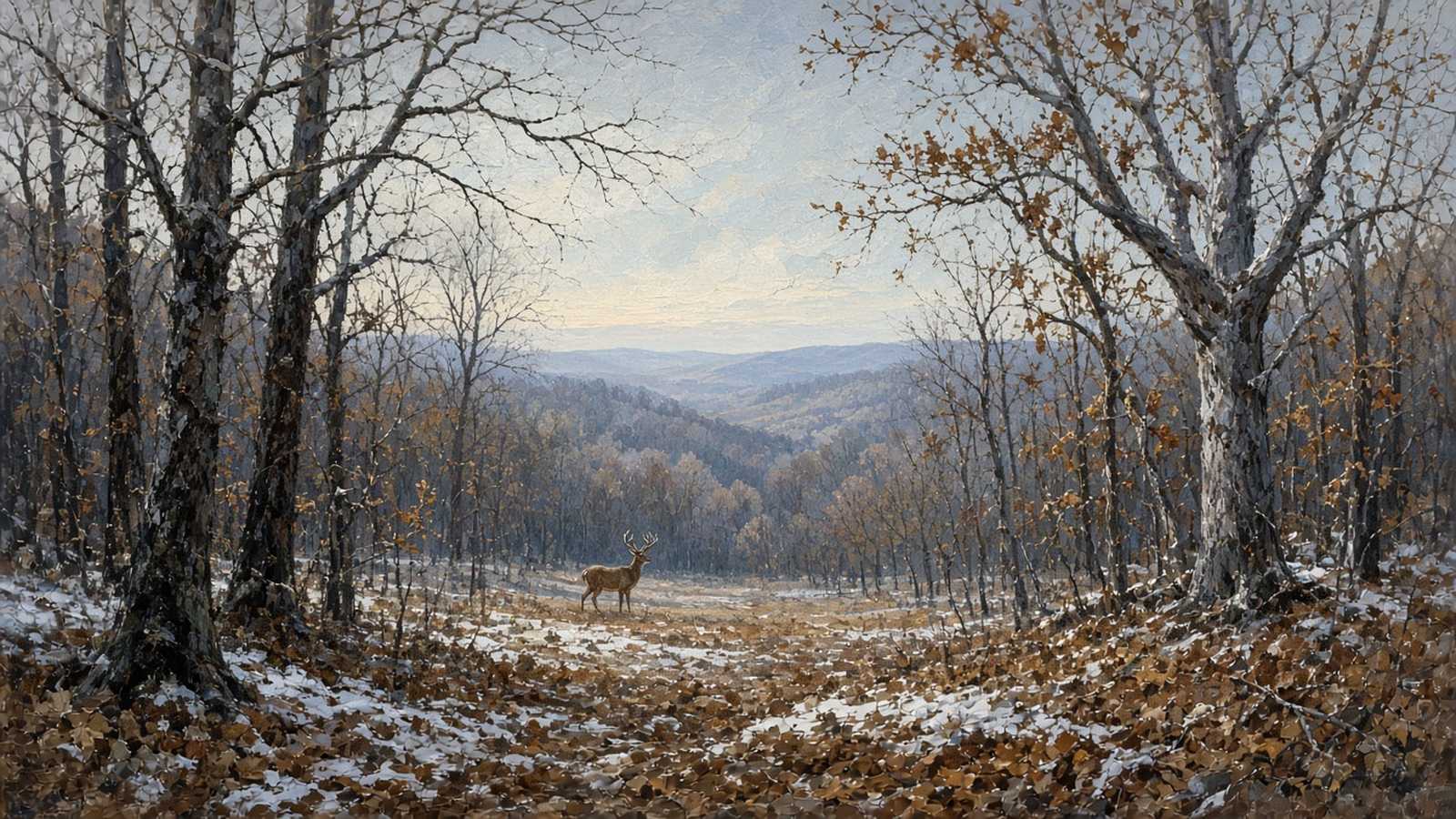 Painting of a whitetail buck in snowy late-fall hardwoods