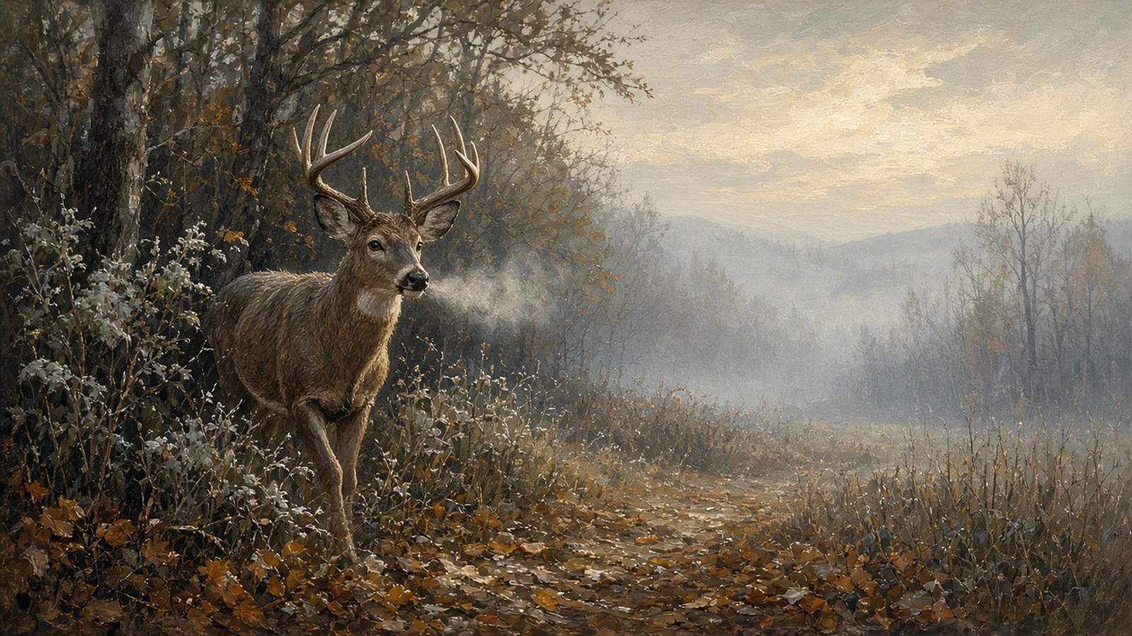 Painting of a whitetail buck at a frosty woods edge, breath steaming in the cold morning fog