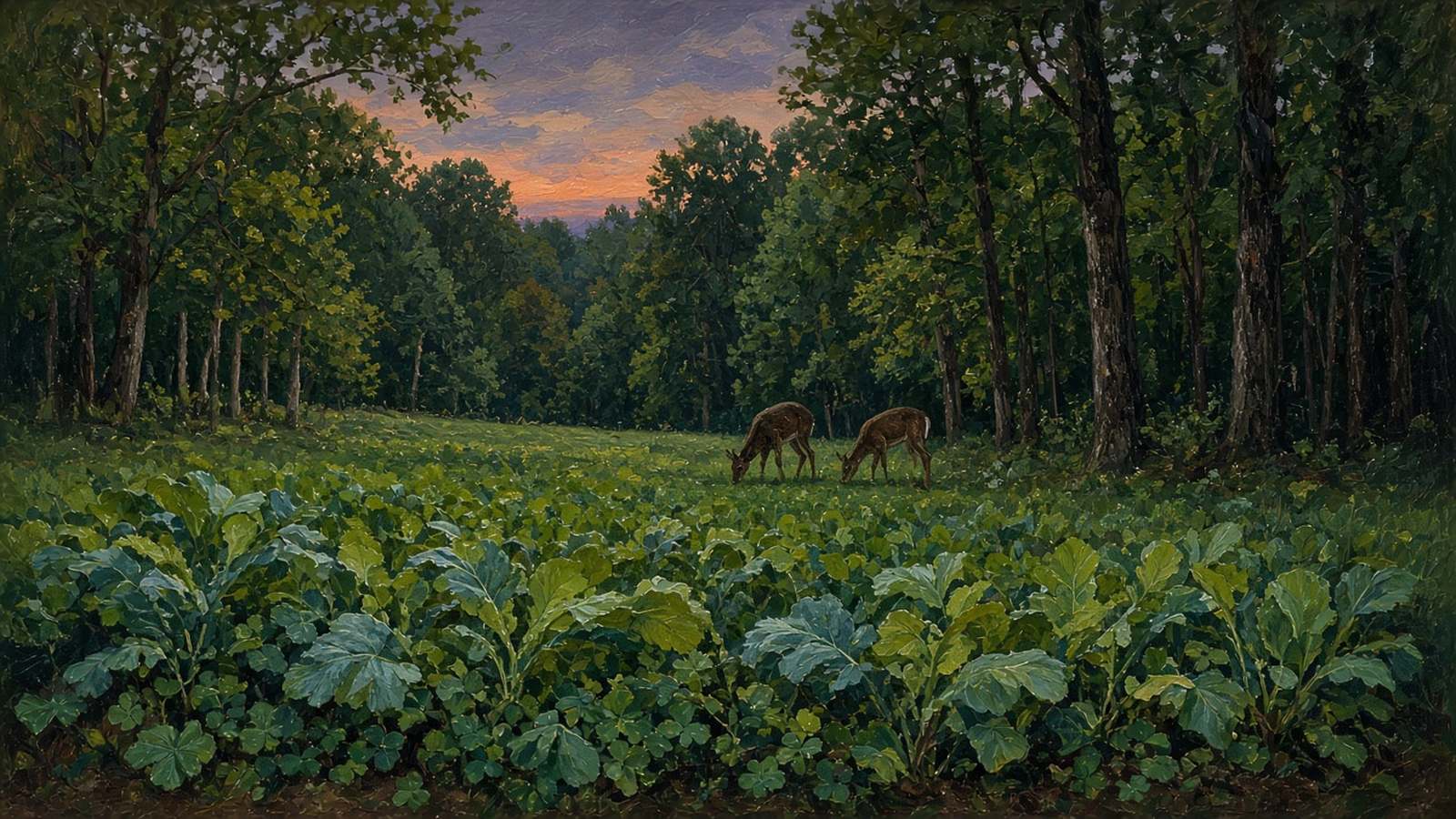 Painting of two deer feeding at the edge of a brassica and clover food plot at dusk