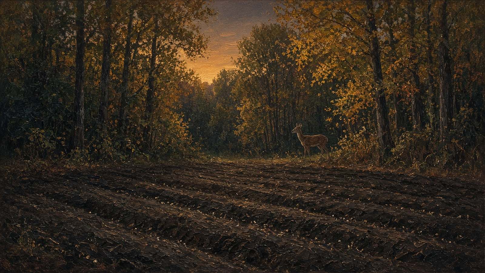 Painting of a whitetail doe at the edge of a raked food plot at dusk