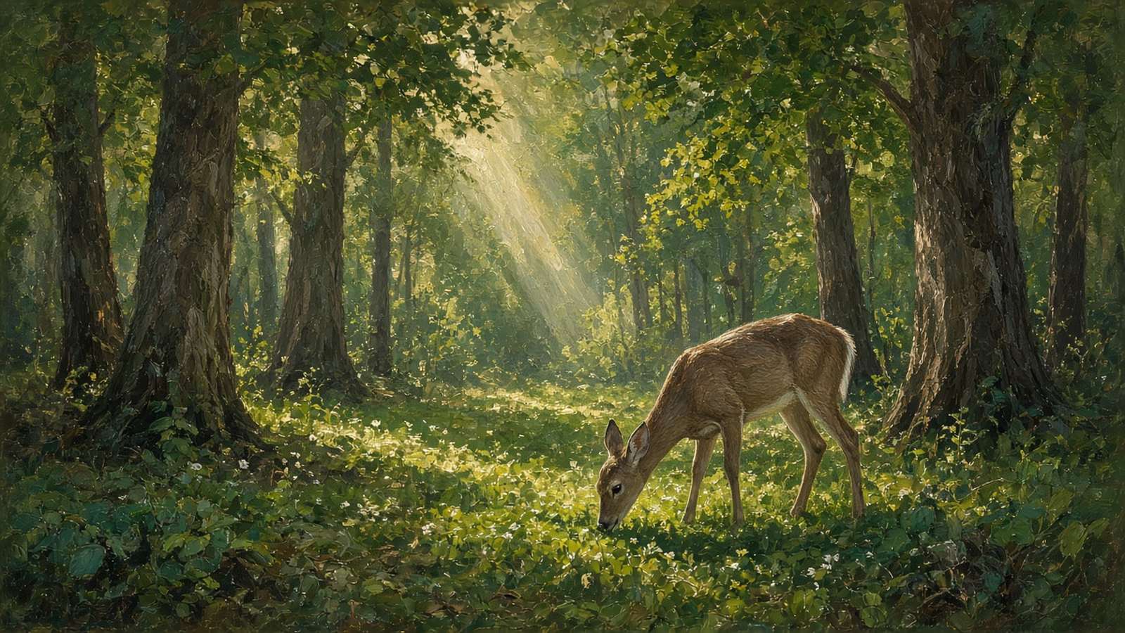 Painting of a whitetail doe feeding in a sunlit, shaded woods clearing