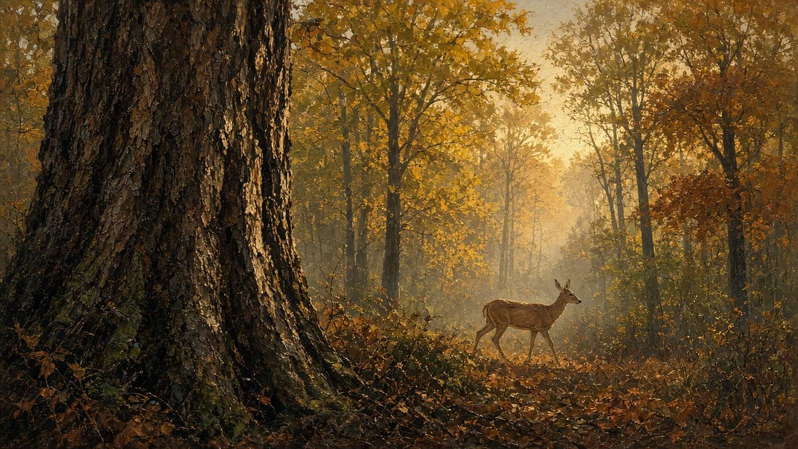 Painting of a whitetail doe walking past a big hickory