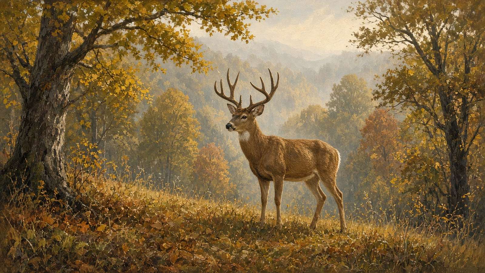 Painting of a whitetail buck on a hickory slope