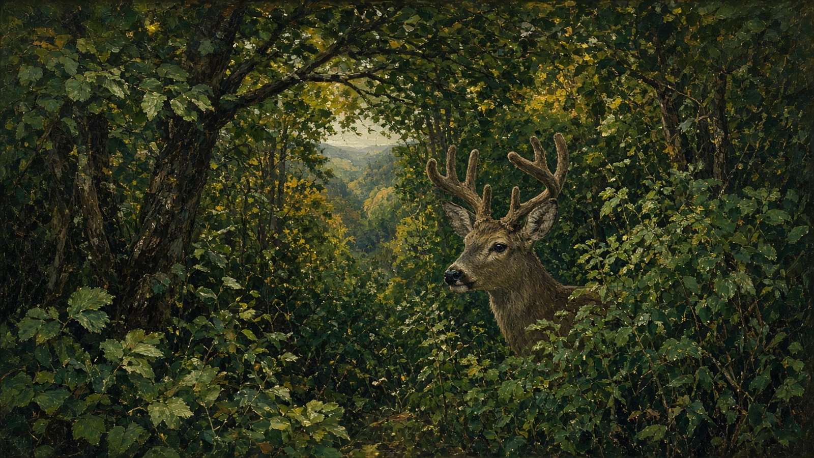 Painting of a velvet whitetail buck half-hidden in green foliage