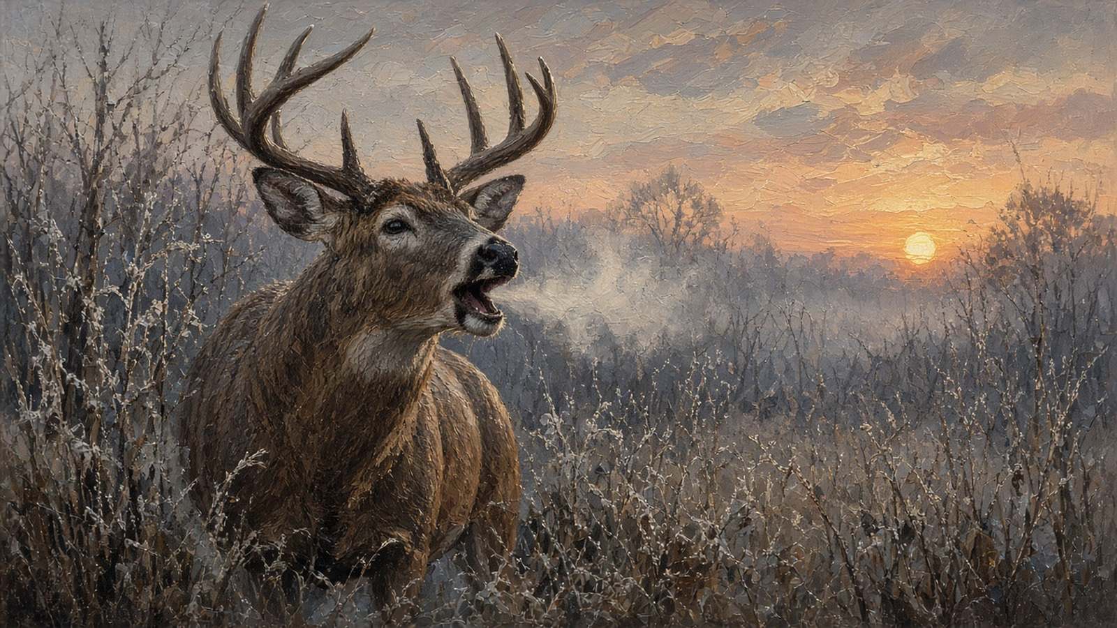 Painting of a rutting whitetail buck grunting in a frosty thicket at dawn