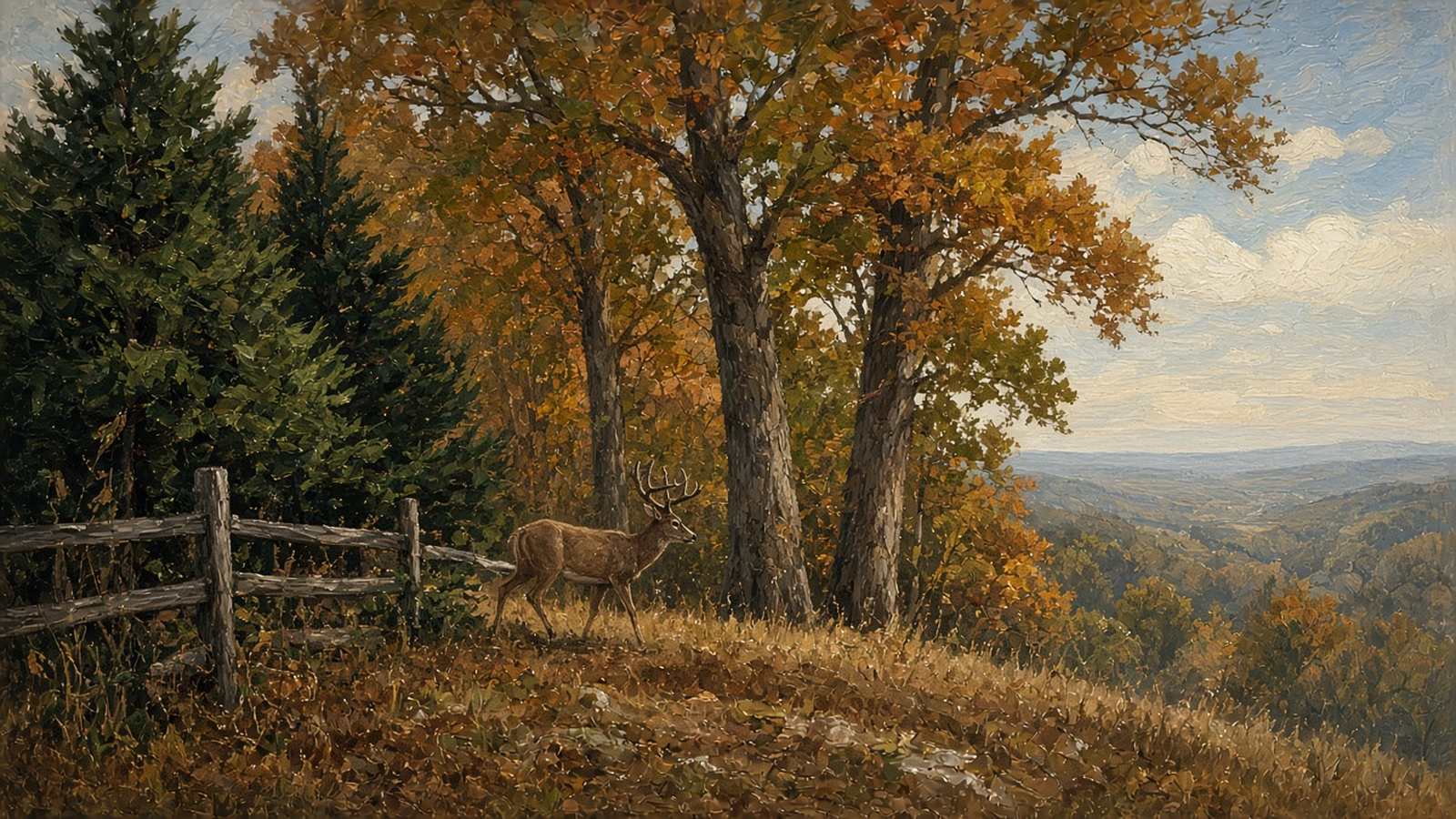 Painting of a whitetail buck by an old fence on an oak ridge