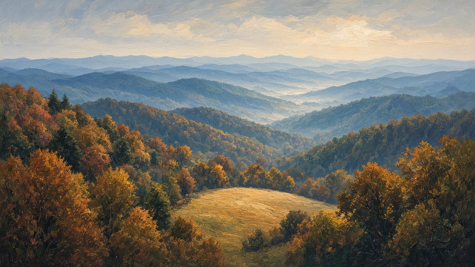 Painted bird's-eye view of layered blue ridges and fog-filled hollows above autumn forest and a small clearing