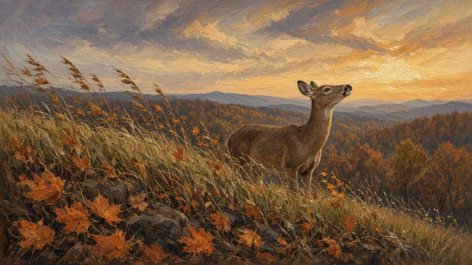 Painting of a doe on a windswept grassy hillside, scenting the breeze as leaves blow past at sunset