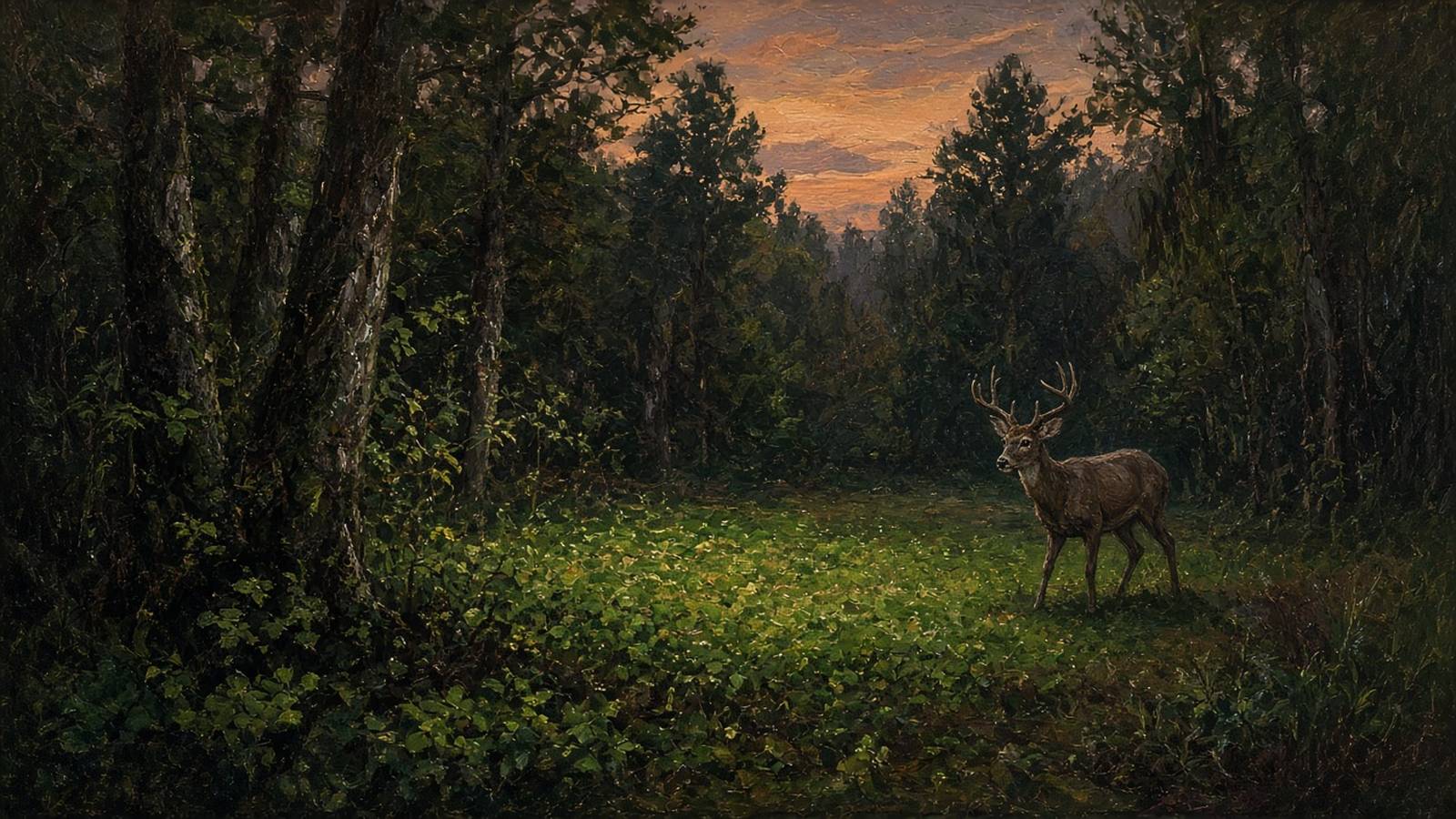 Painting of a whitetail buck in a small clover clearing in dark timber