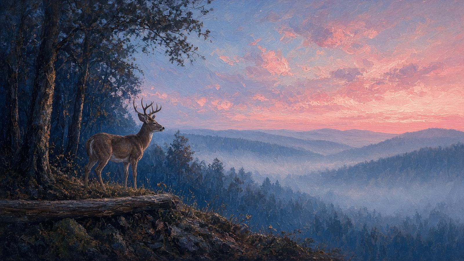 Painting of a whitetail buck on a ridge at pink dawn