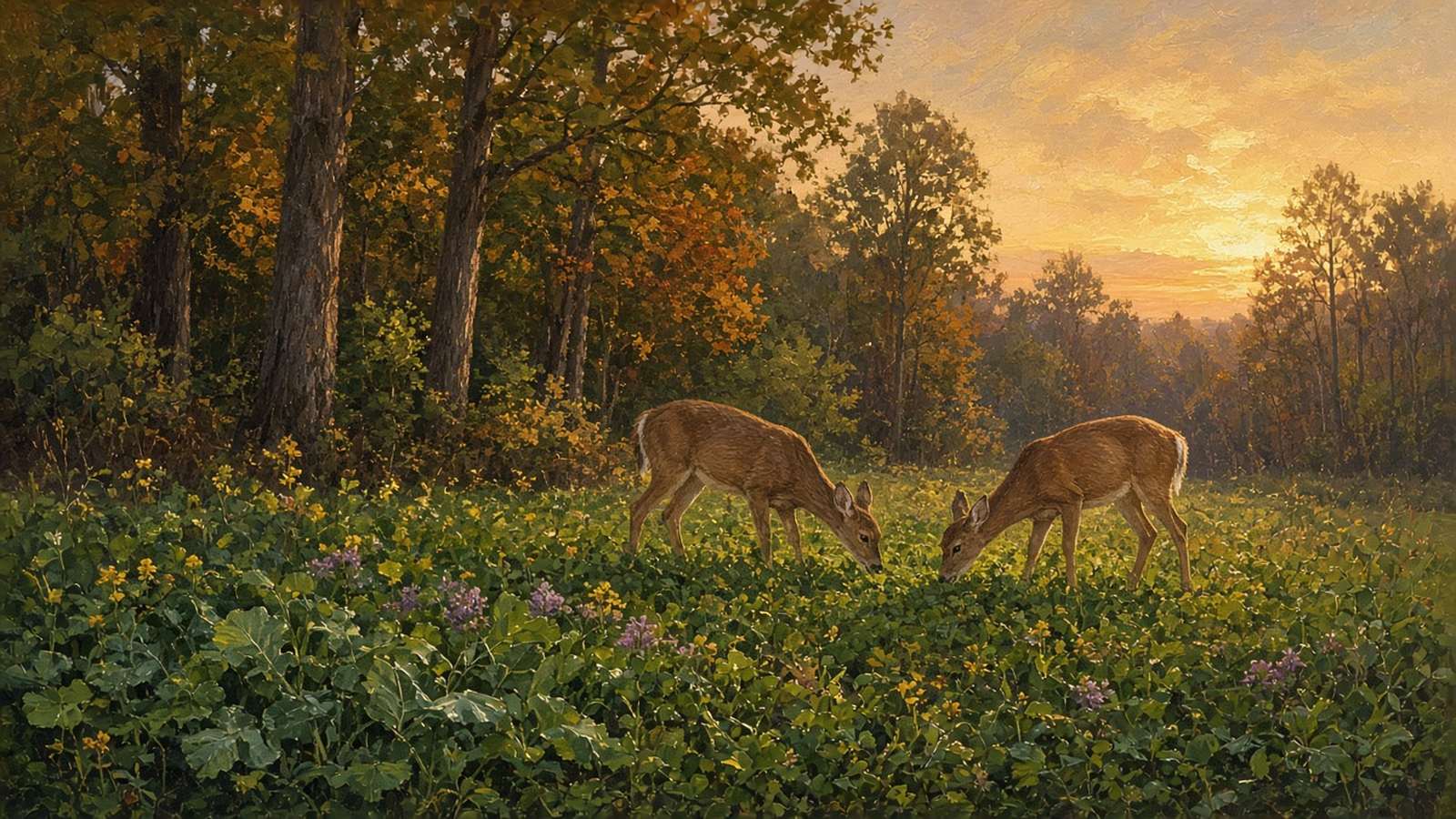 Painting of two does grazing a green clover plot at the edge of autumn timber under a warm sunset sky