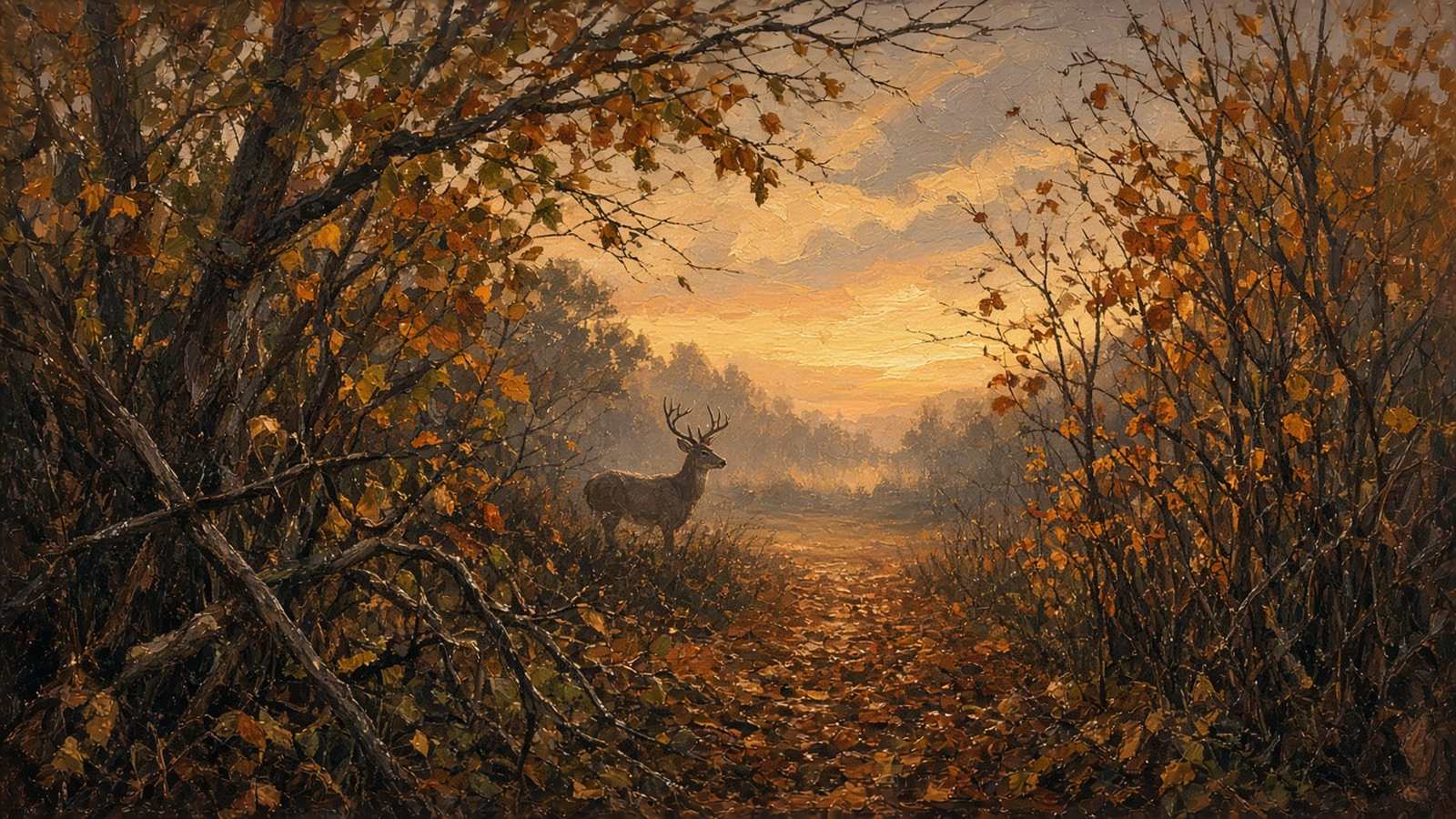 Painting of a whitetail buck stepping into a brushy shooting lane