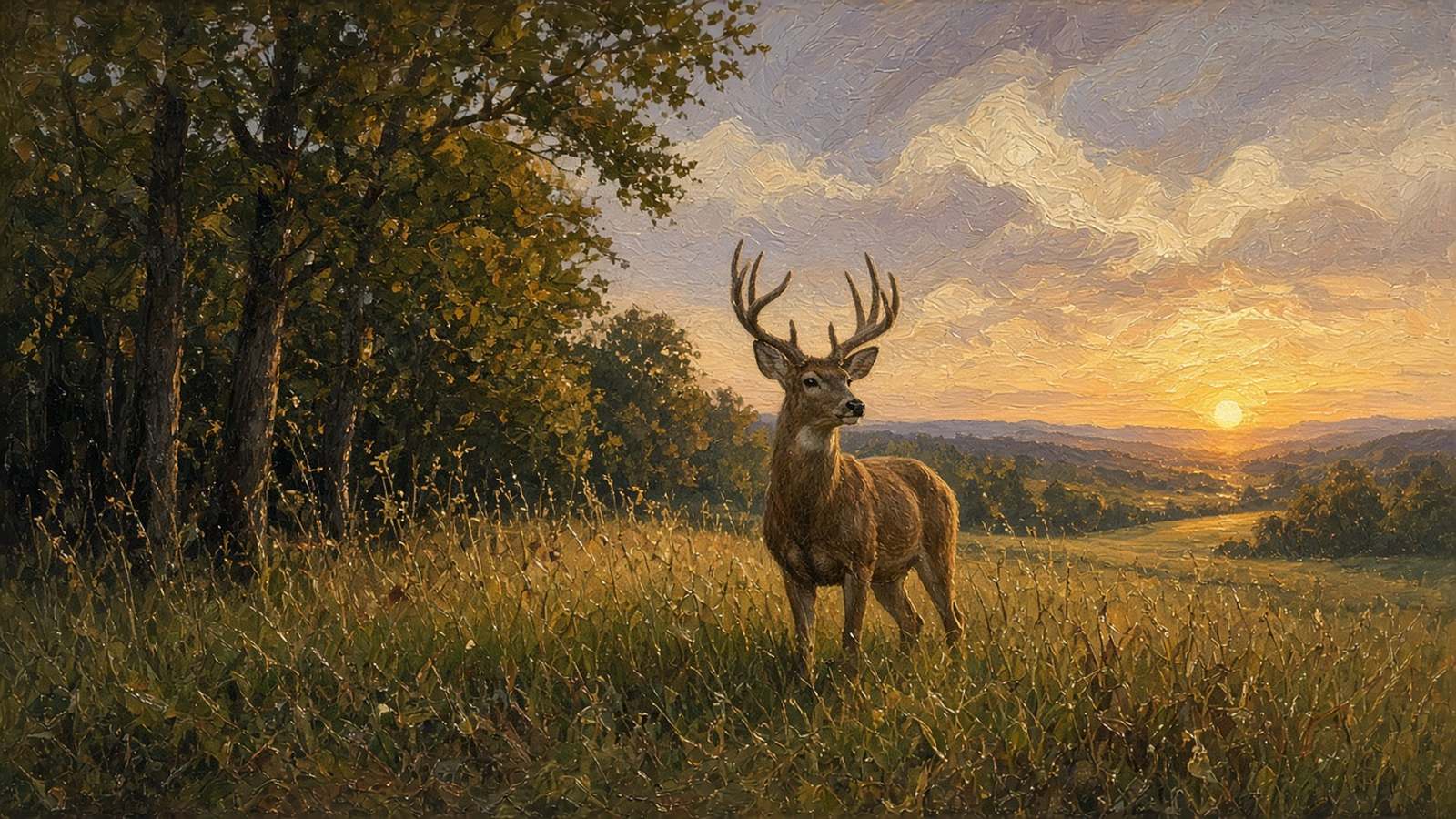 Painting of a whitetail buck in tall grass at sunset