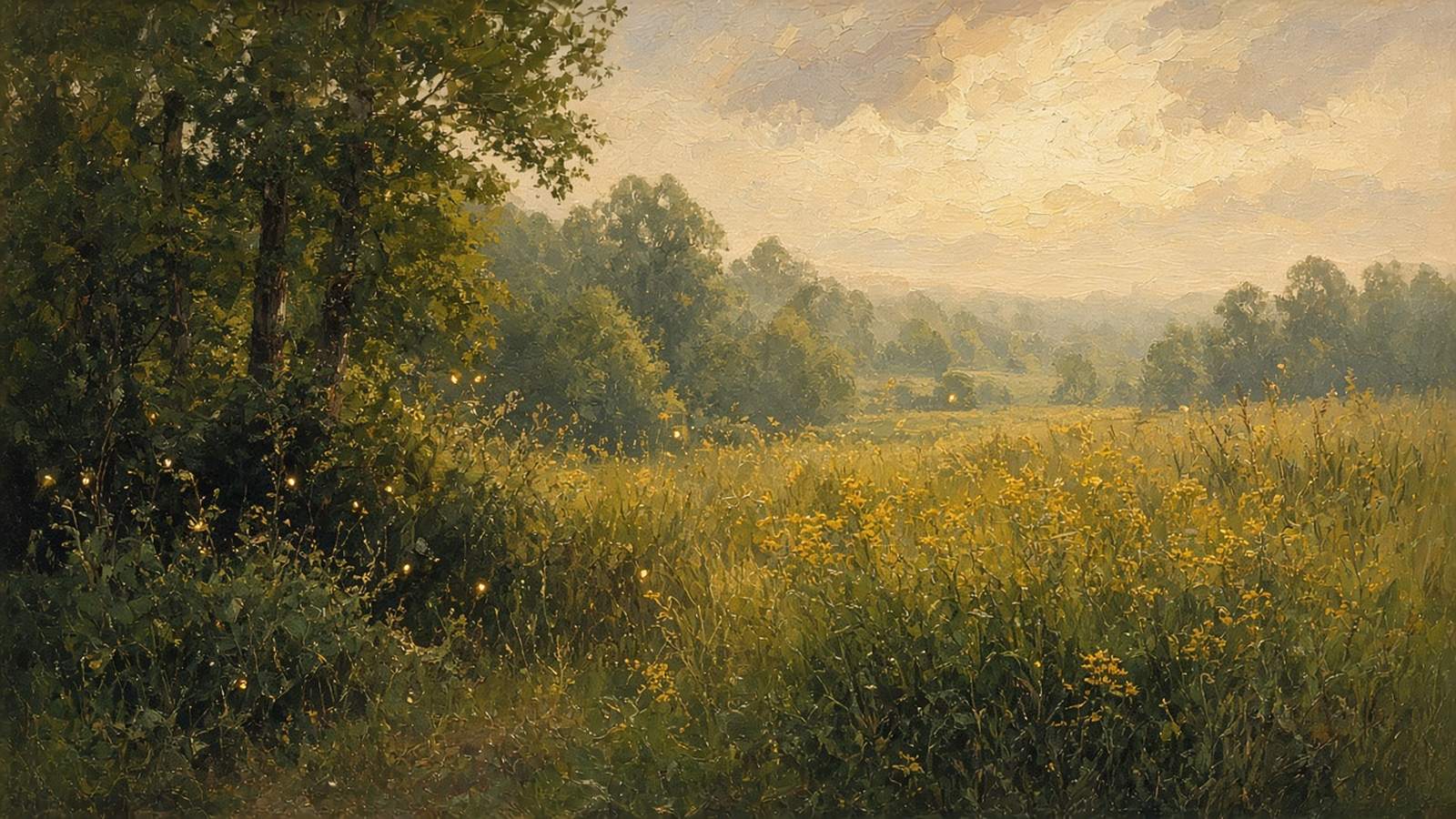 Painting of a lush early season woods edge at dusk with goldenrod and fireflies