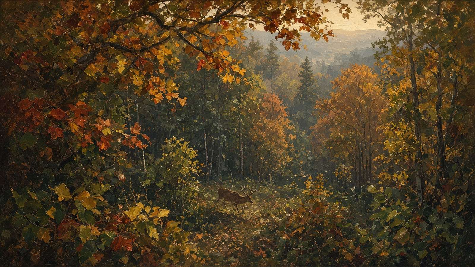 Painting looking down on a whitetail buck from high in the trees