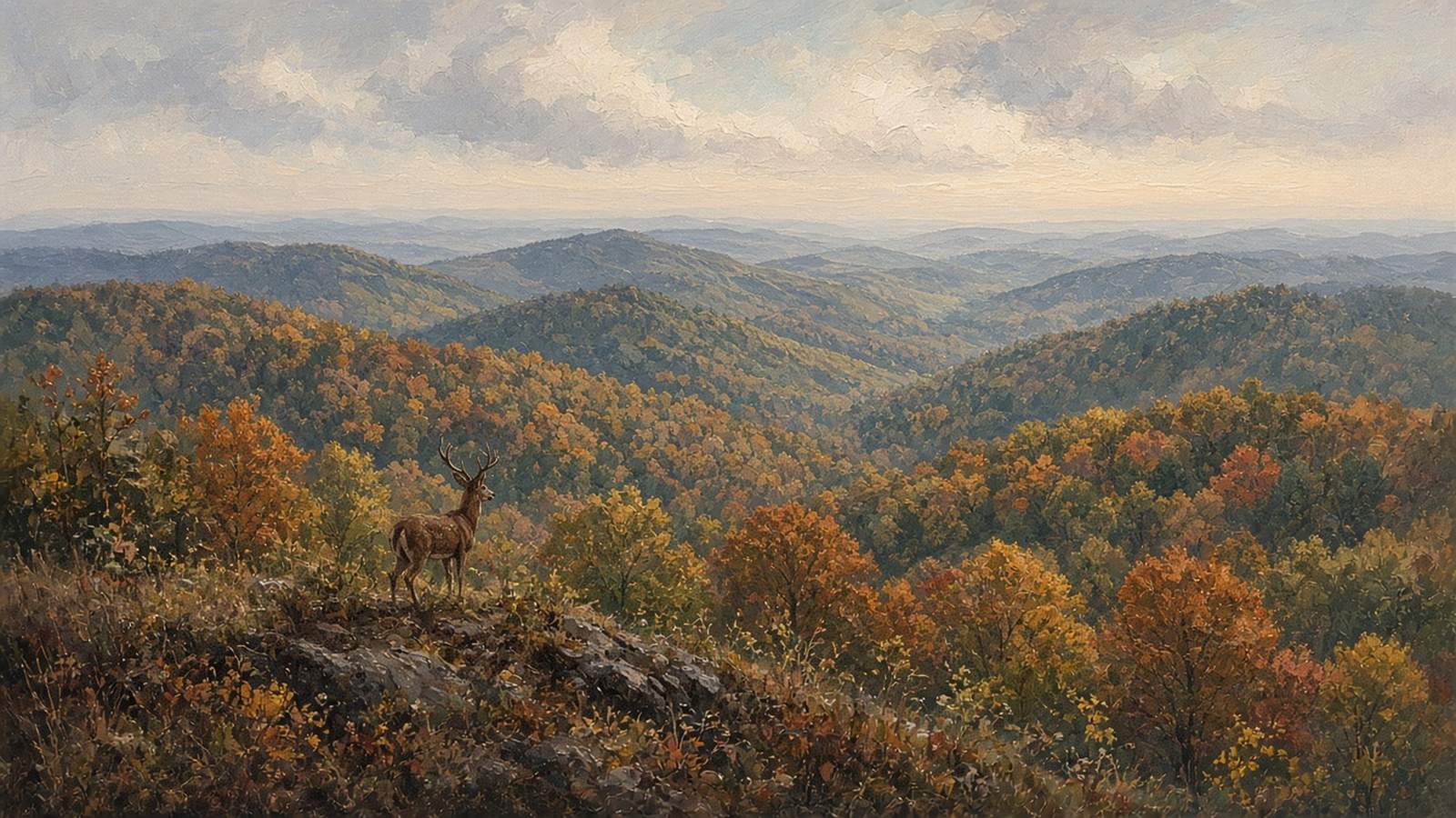 Painting of a whitetail buck on a ridge above endless fall hills
