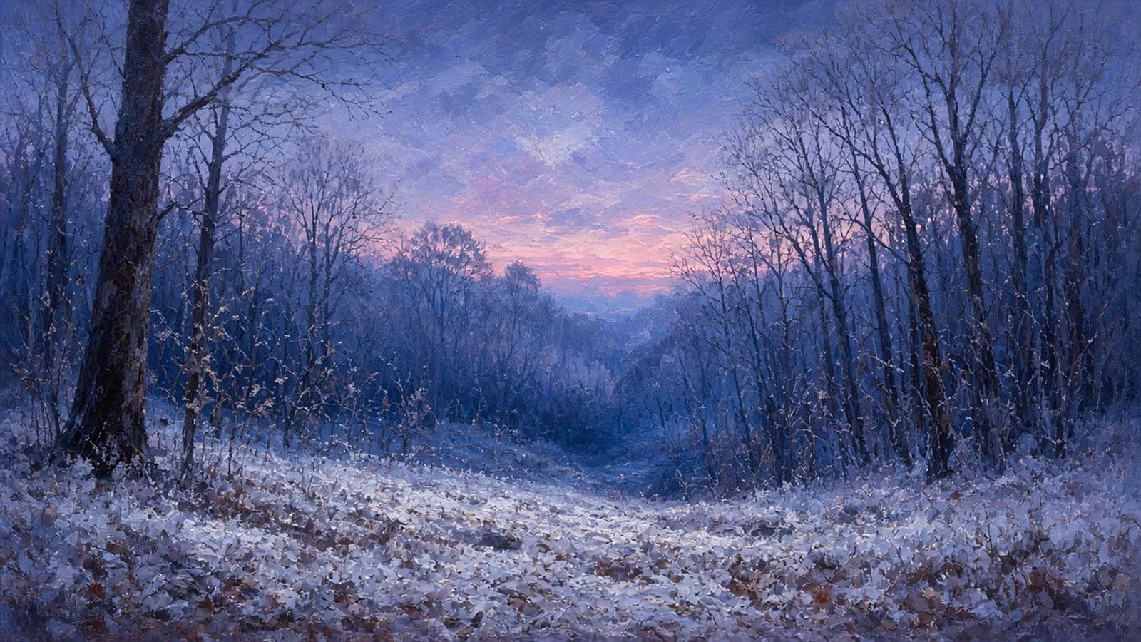 Painted frosty hardwood bottom at dawn, bare trees and frosted ground under a pink and violet sky