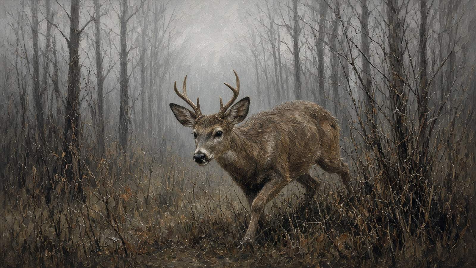 Painting of a whitetail buck pushing through gray November brush